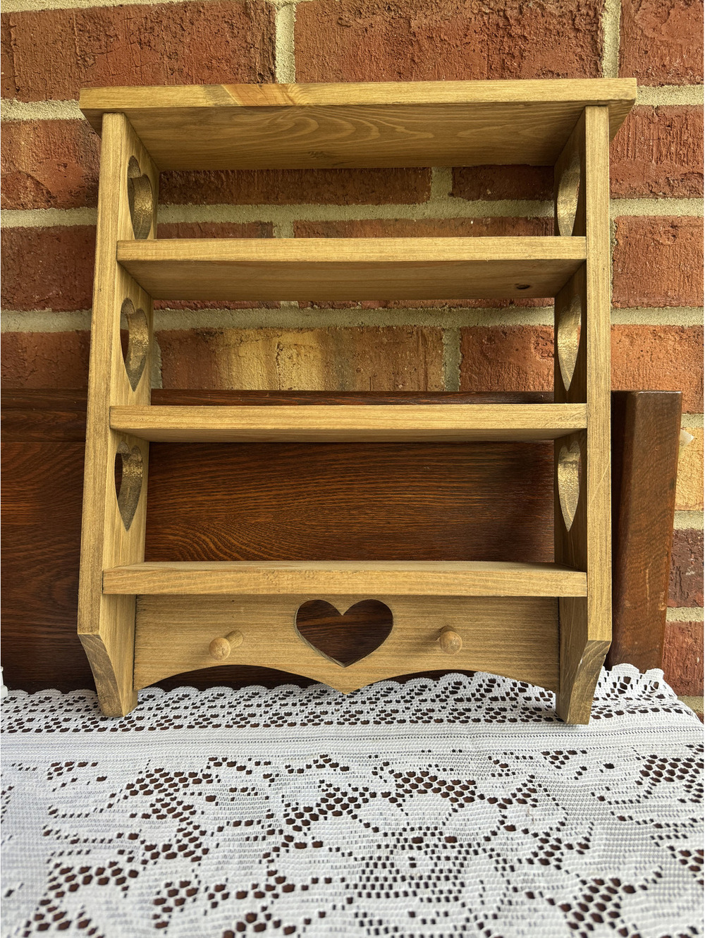 Vintage Wooden Cottage Core Wall Shelf with Heart Cutouts and Pegs